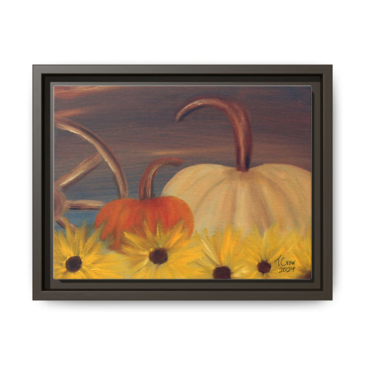 Autumn Harvest Framed Canvas Wall Art - Rustic Pumpkin and Sunflower Painting