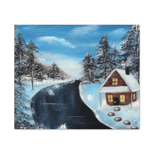 Winter Landscape Canvas Wall Art - Cozy Cabin Scene
