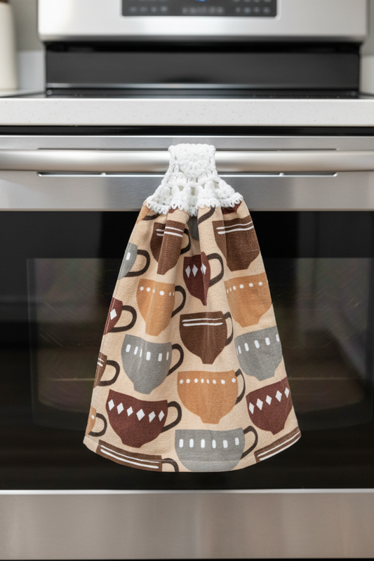 Decorative kitchen towel with coffee cup pattern hanging on a stove handle