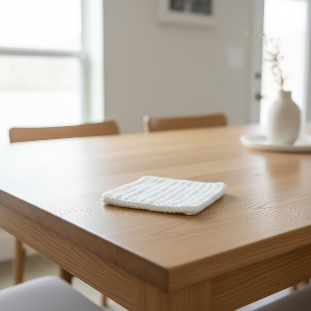Wooden dining table with a white crocheted hot pad in a bright room.