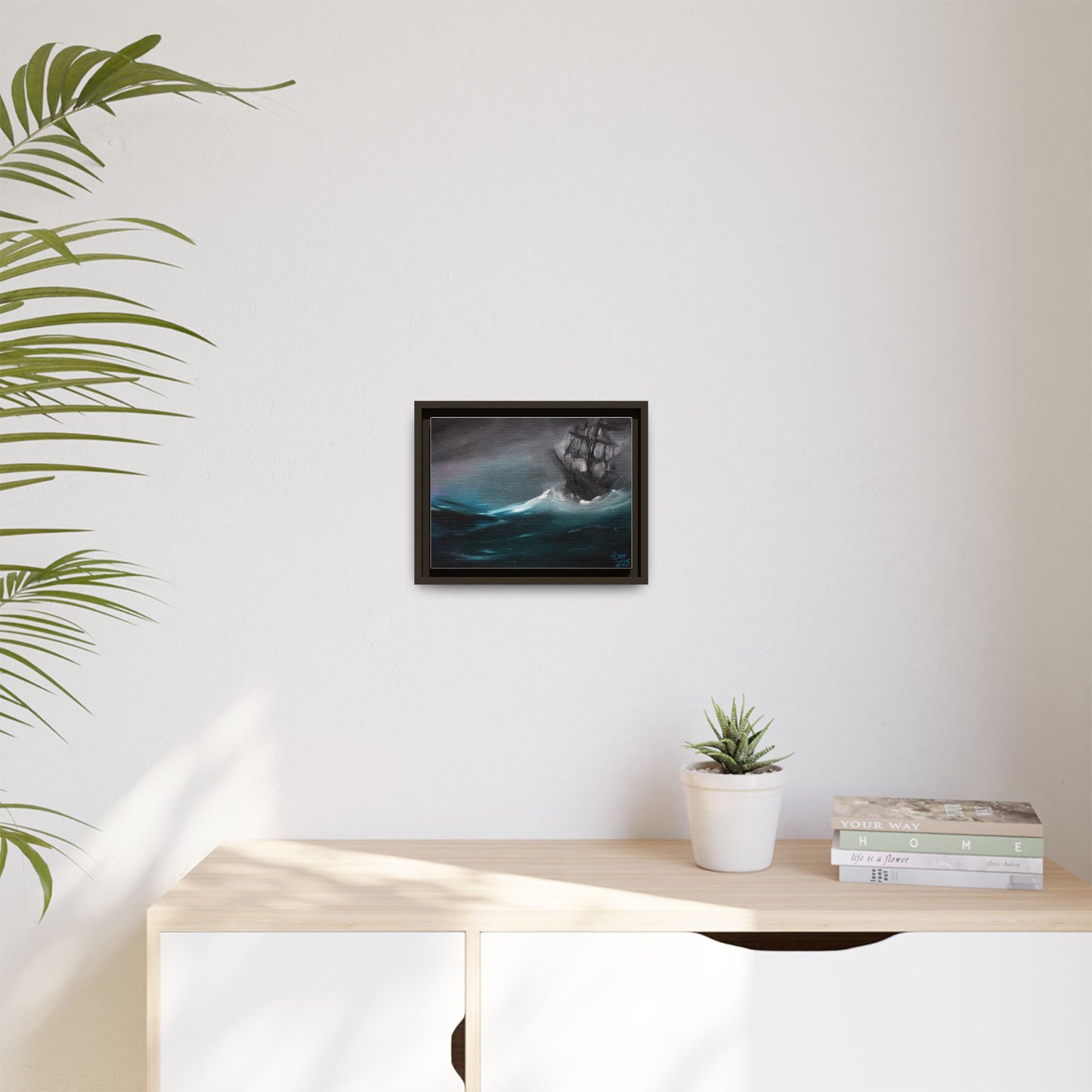 Framed Matte Canvas Art Print - Stormy Seas with Sailing Ship
