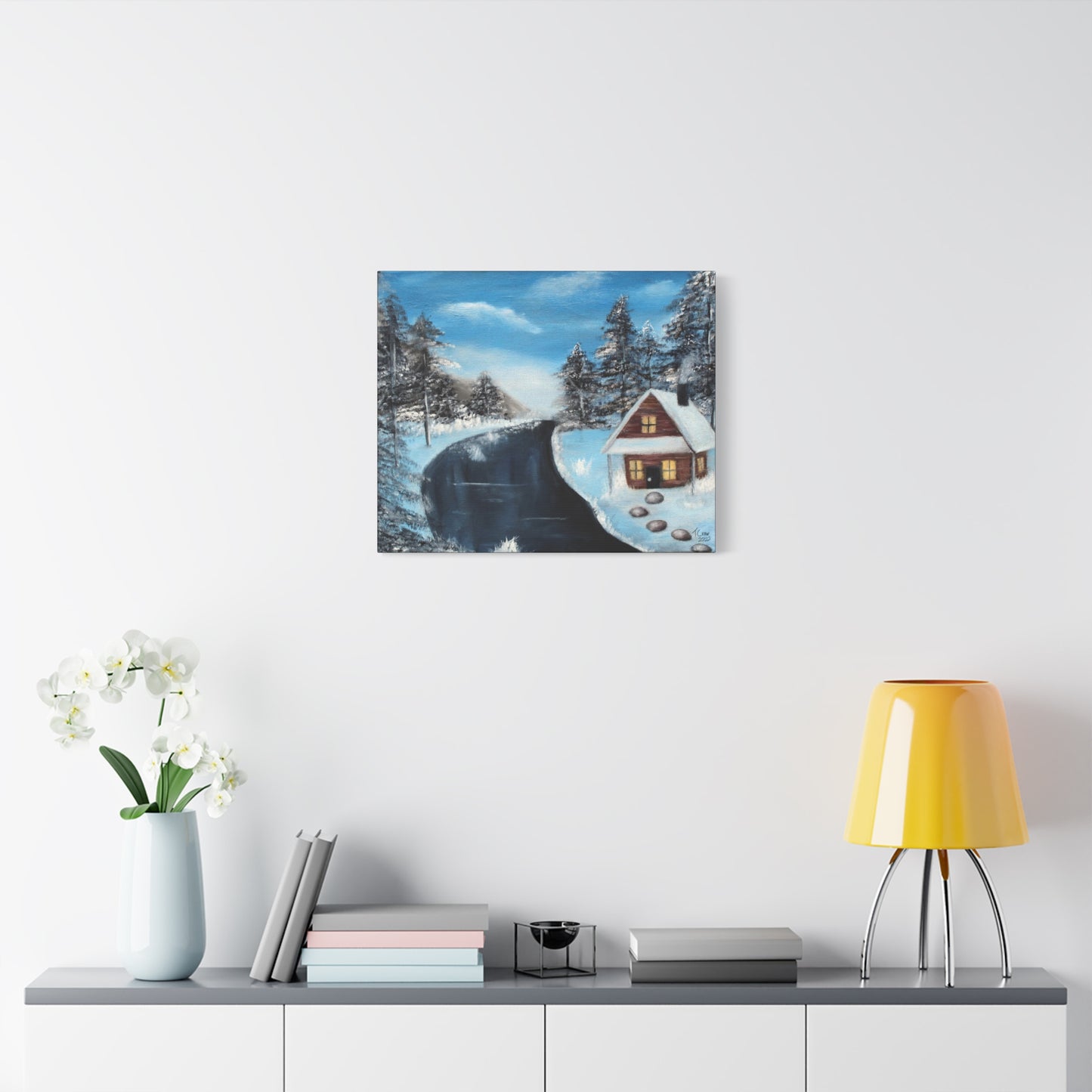 Winter Landscape Canvas Wall Art - Cozy Cabin Scene