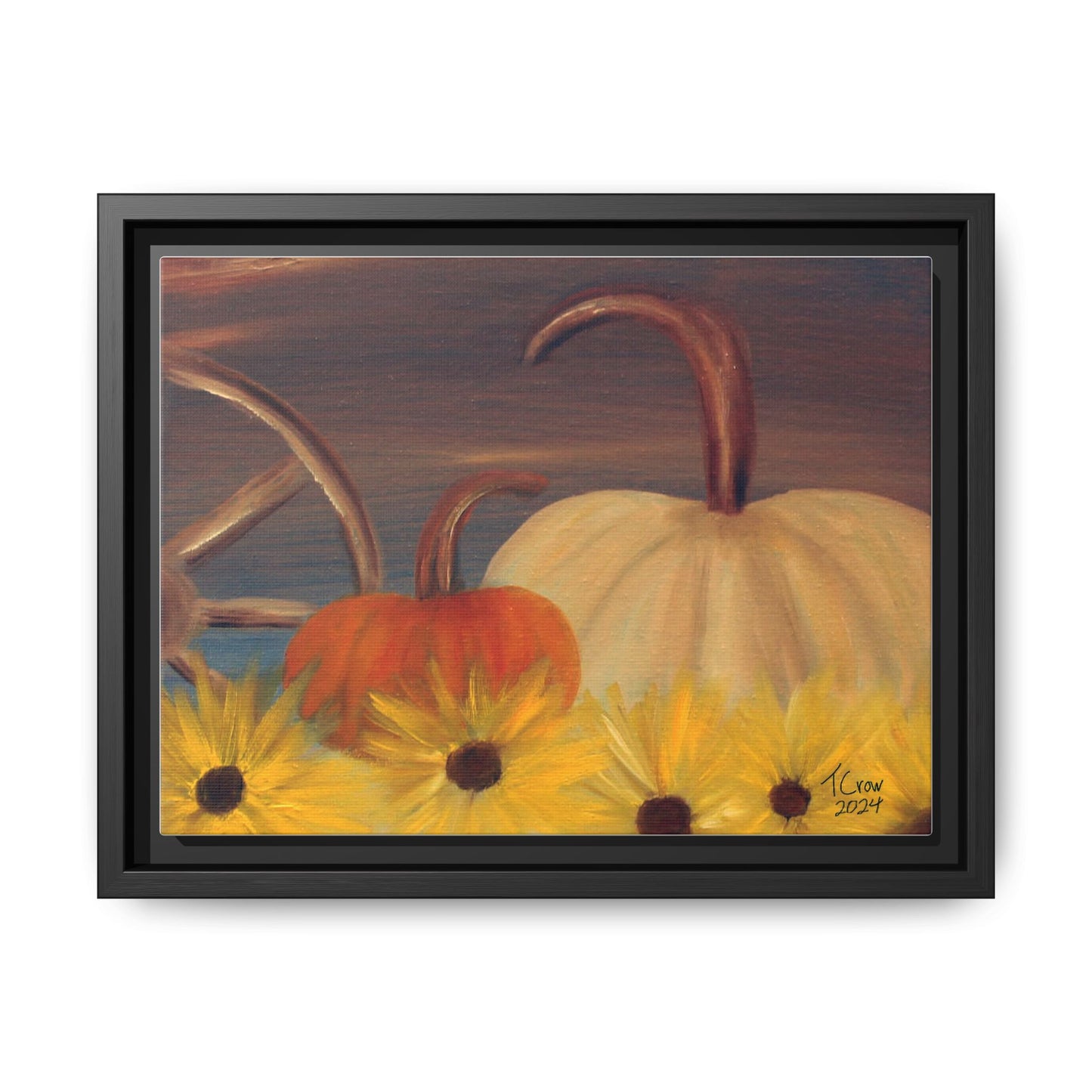 Autumn Harvest Framed Canvas Wall Art - Rustic Pumpkin and Sunflower Painting