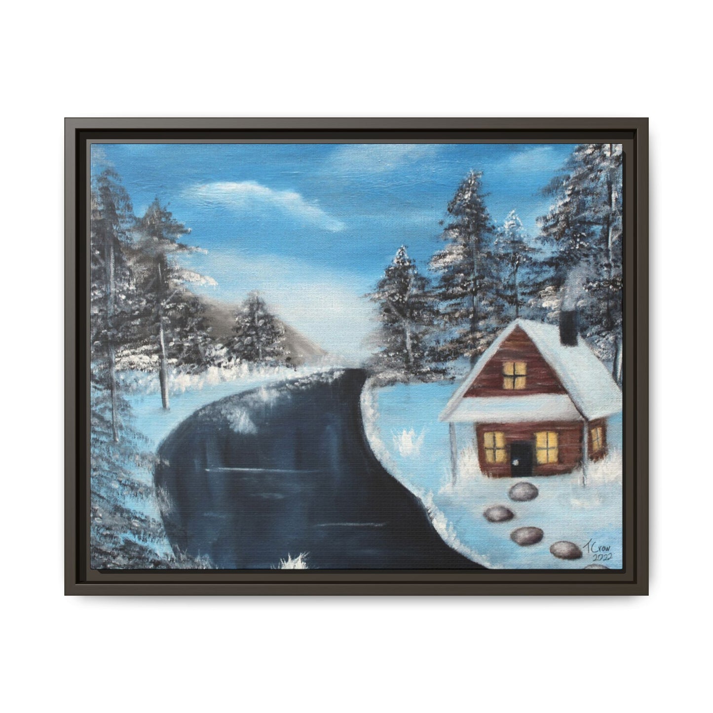 Cabin's Warm Glow - Framed Canvas Print