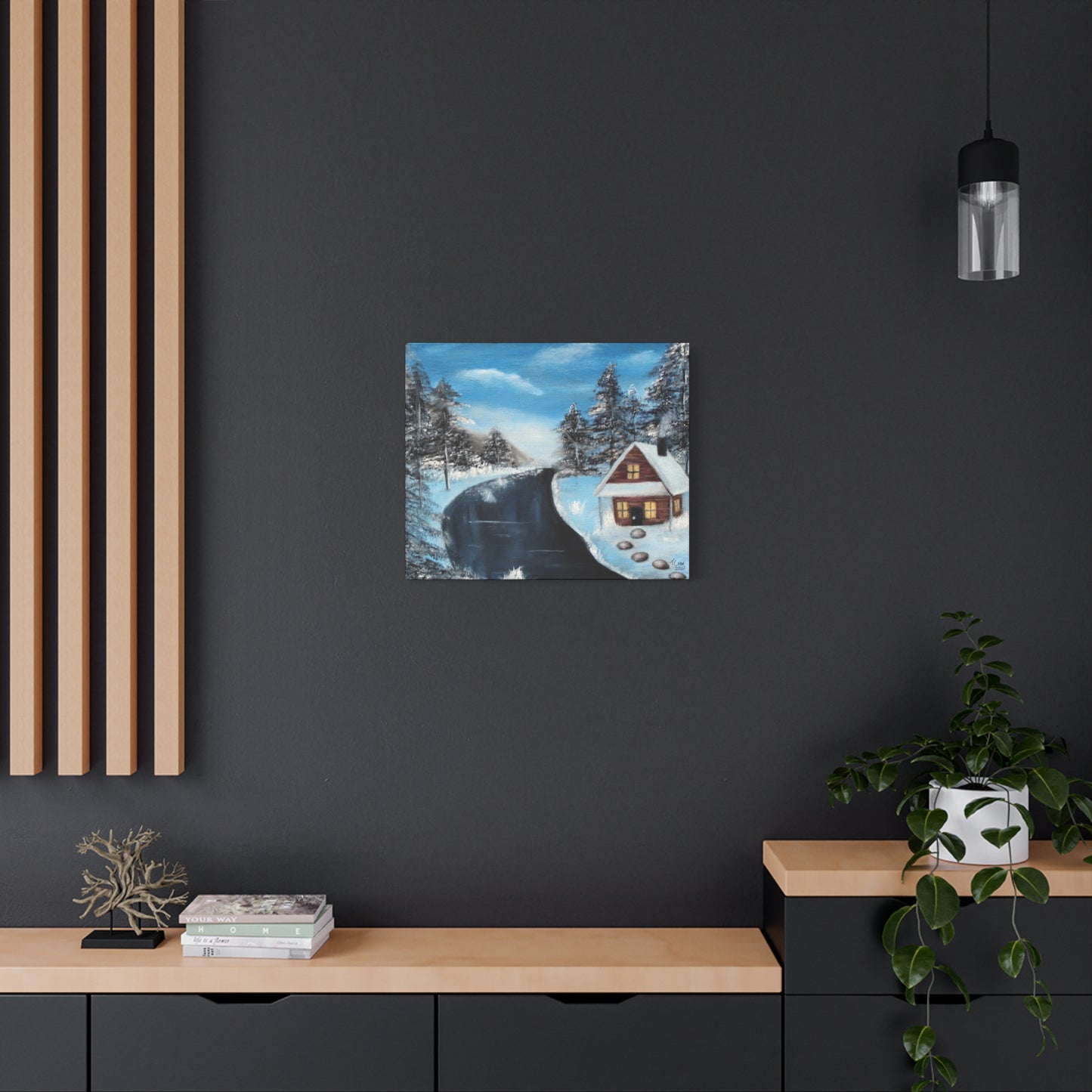 Winter Landscape Canvas Wall Art - Cozy Cabin Scene