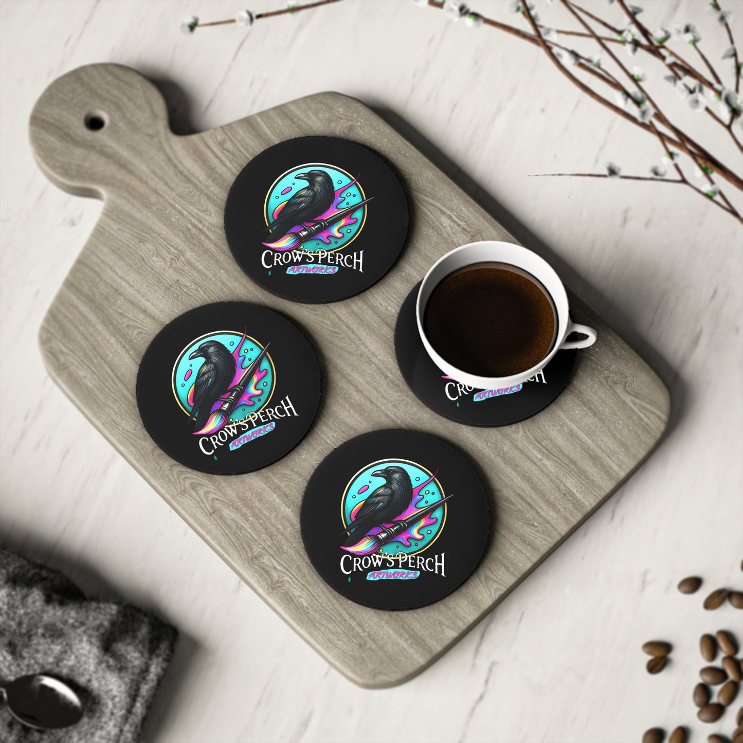 Crow's Perch Artworks Coasters, Home Bar Decor, Unique Gift, Rustic Table Accessories, Party Coasters Printify