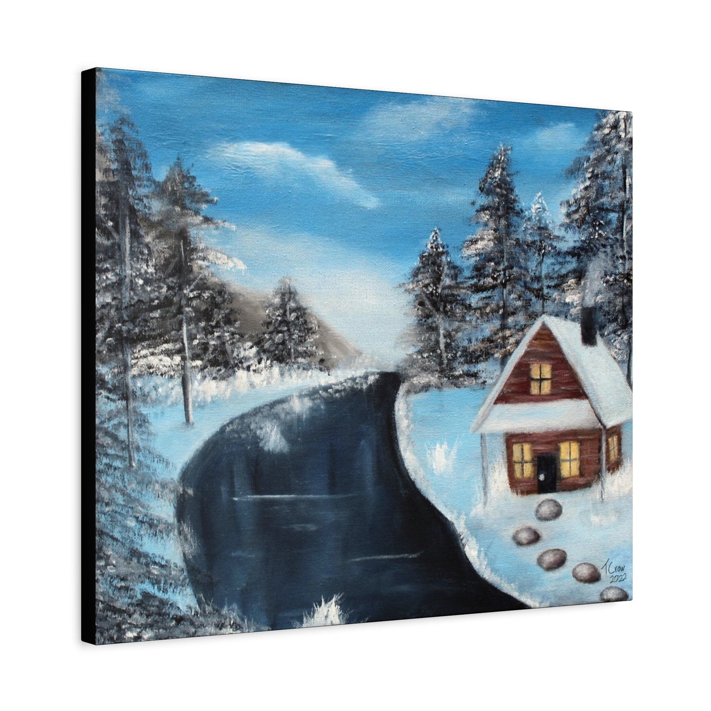 Winter Landscape Canvas Wall Art - Cozy Cabin Scene