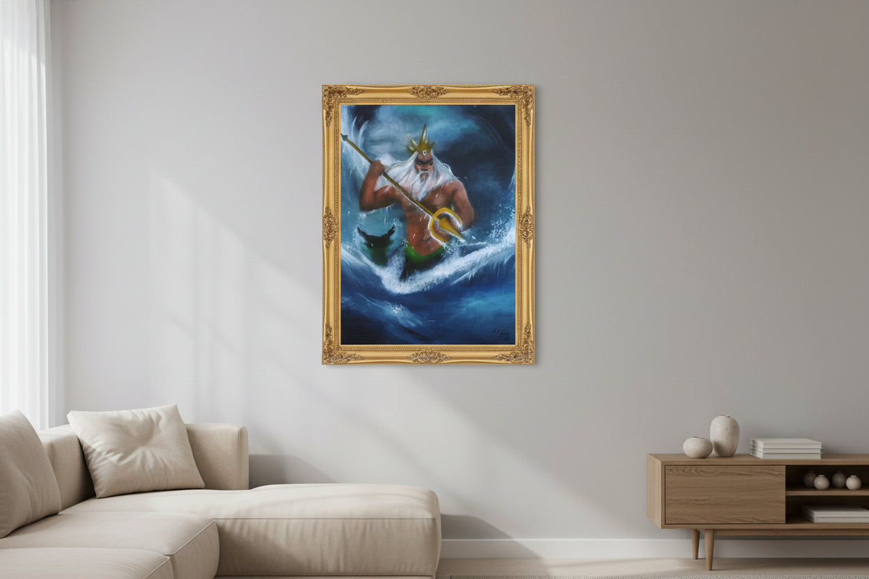 Painting of a mythological figure with a spear on a wave background