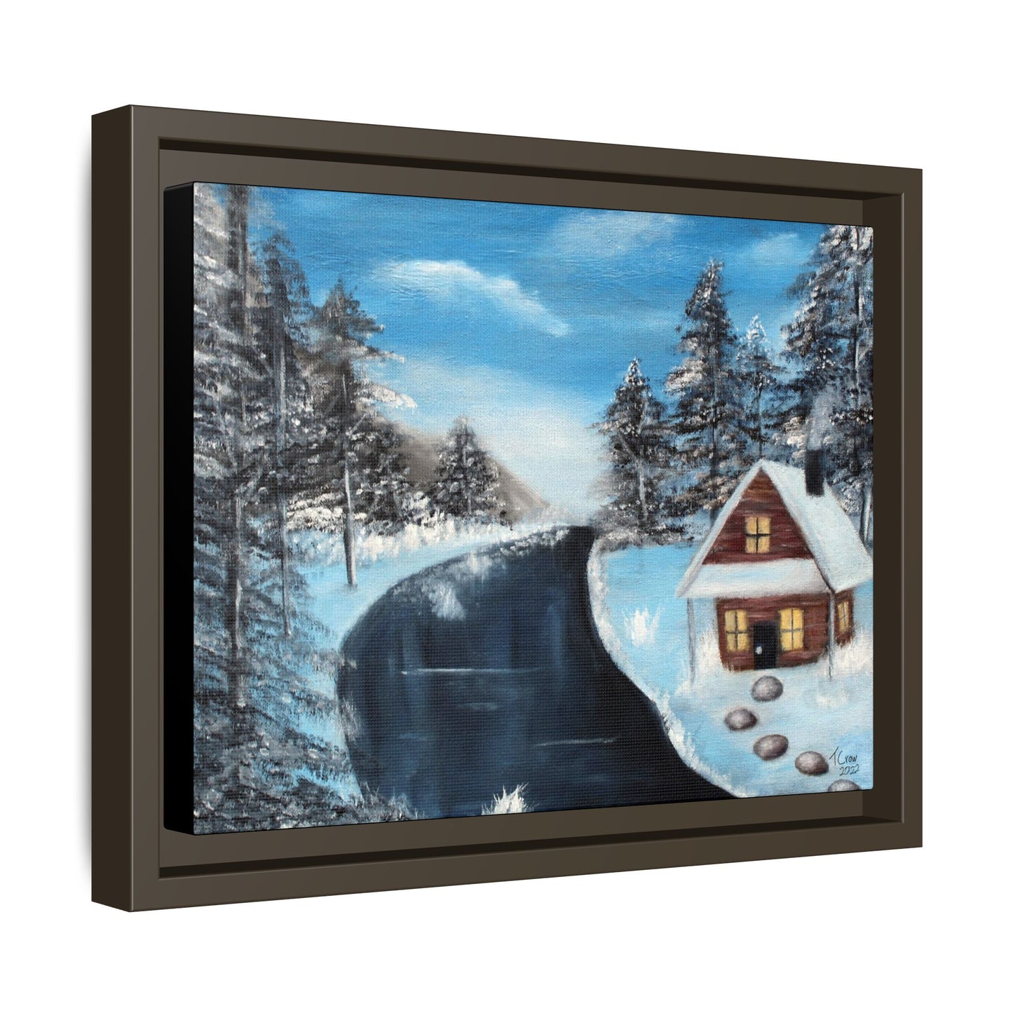 Cabin's Warm Glow - Framed Canvas Print