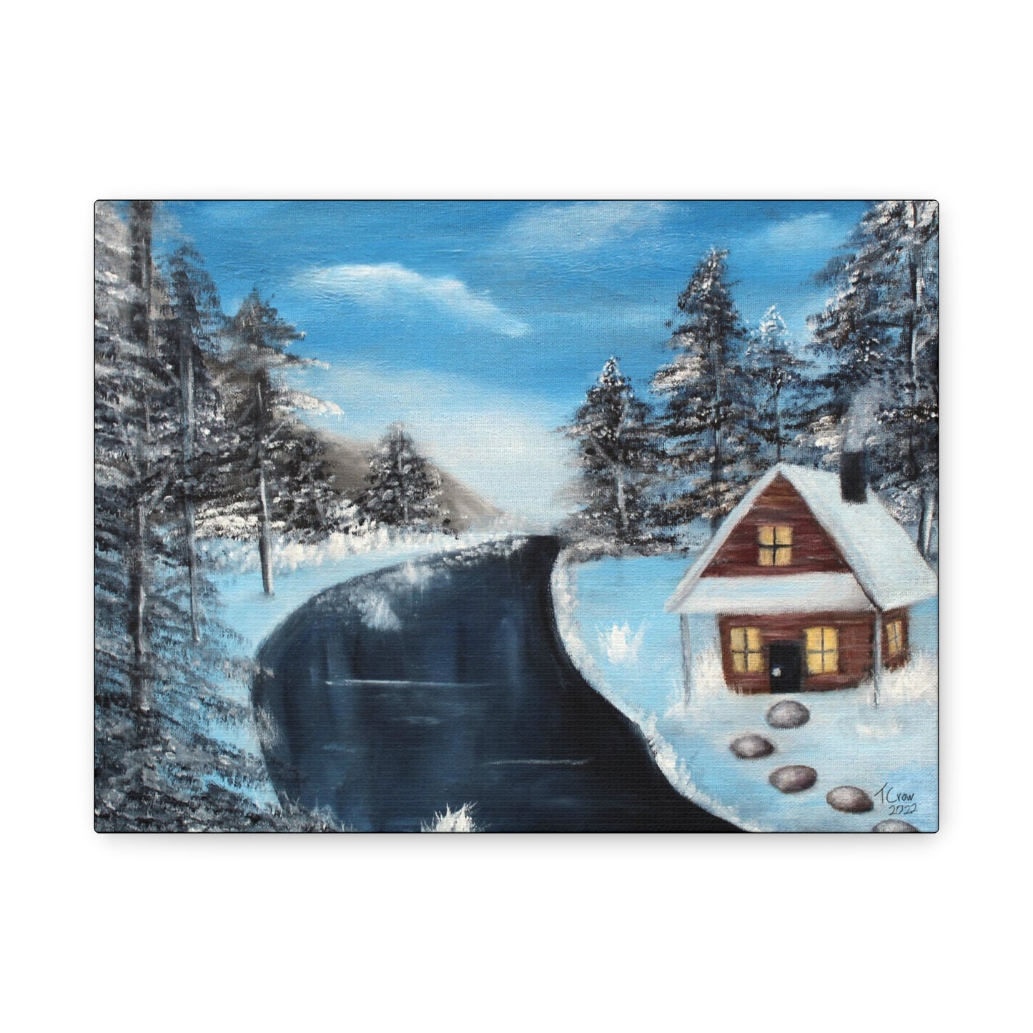 Winter Landscape Canvas Wall Art - Cozy Cabin Scene
