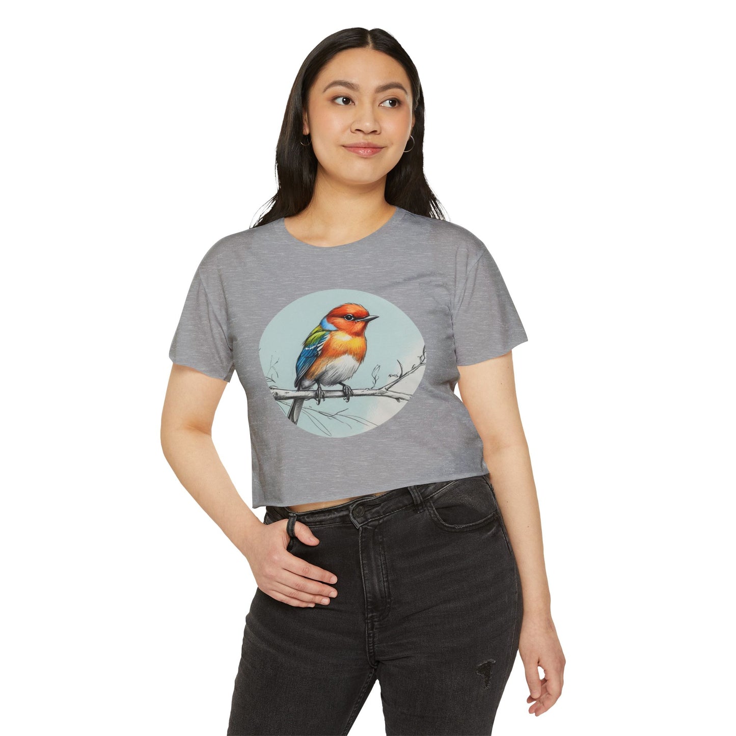 Colorful Bird Women's Crop Top, Stylish Festival Shirt, Summer Fashion Tee, Boho Top, Casual Wear, Nature Lover Gift