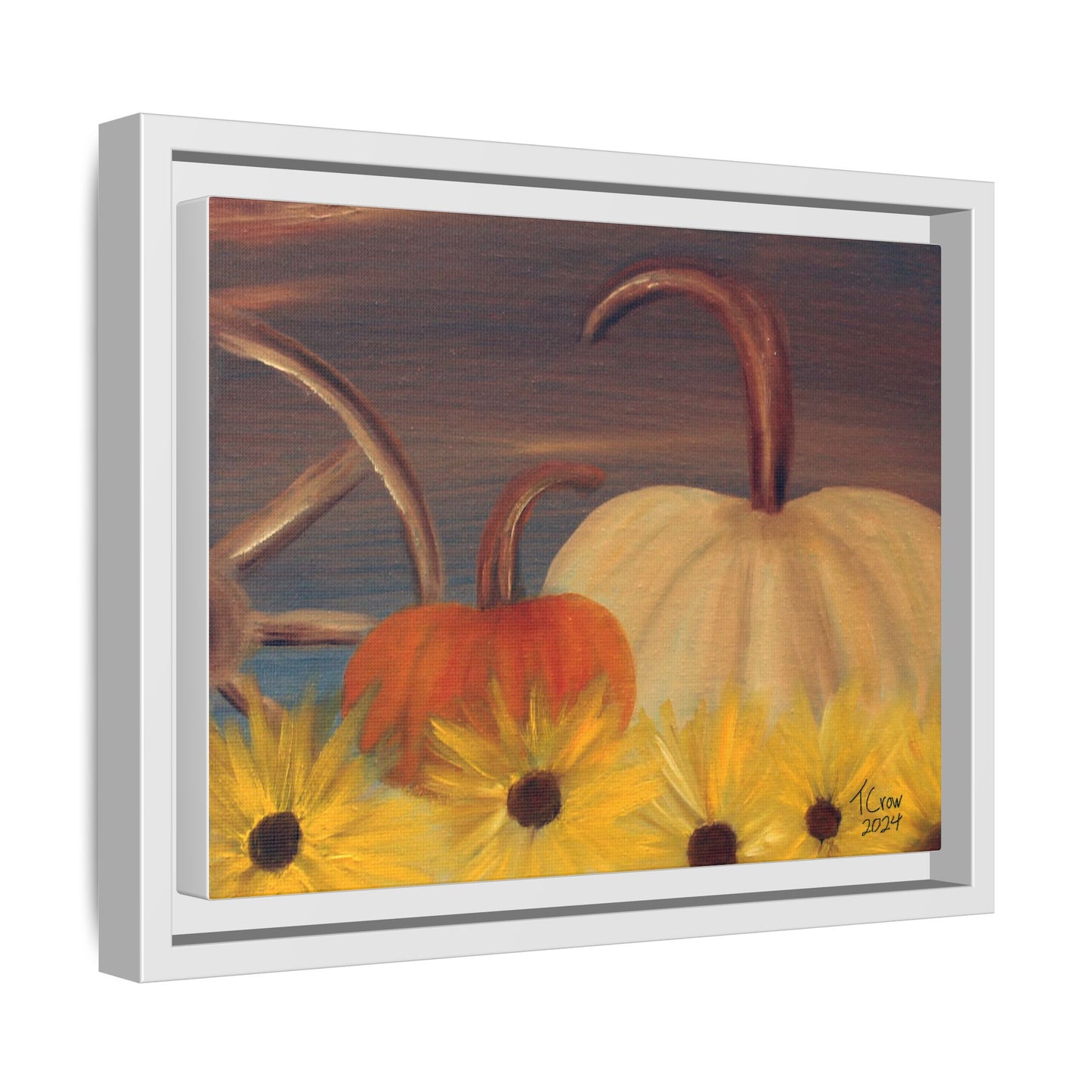 Autumn Harvest Framed Canvas Wall Art - Rustic Pumpkin and Sunflower Painting