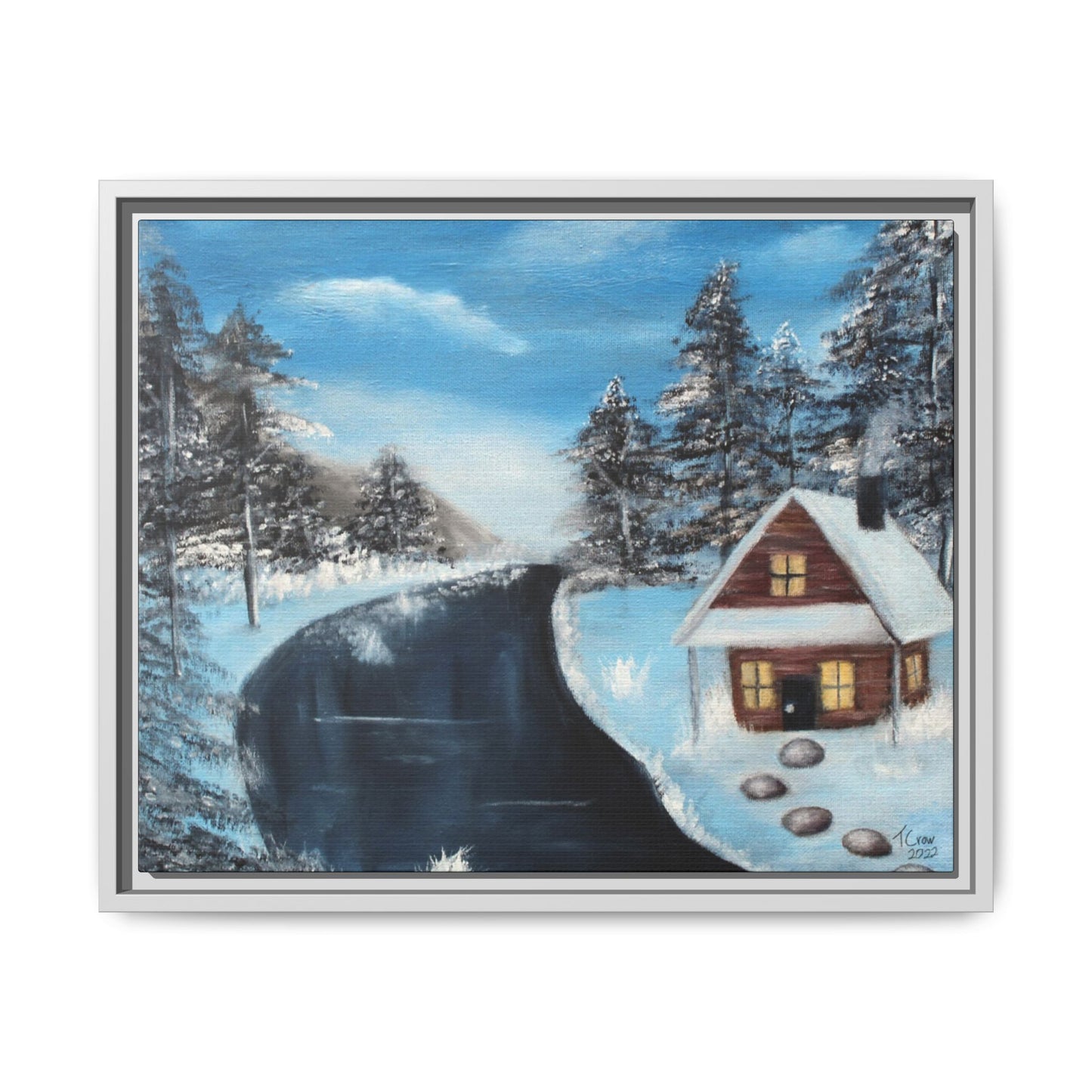 Cabin's Warm Glow - Framed Canvas Print
