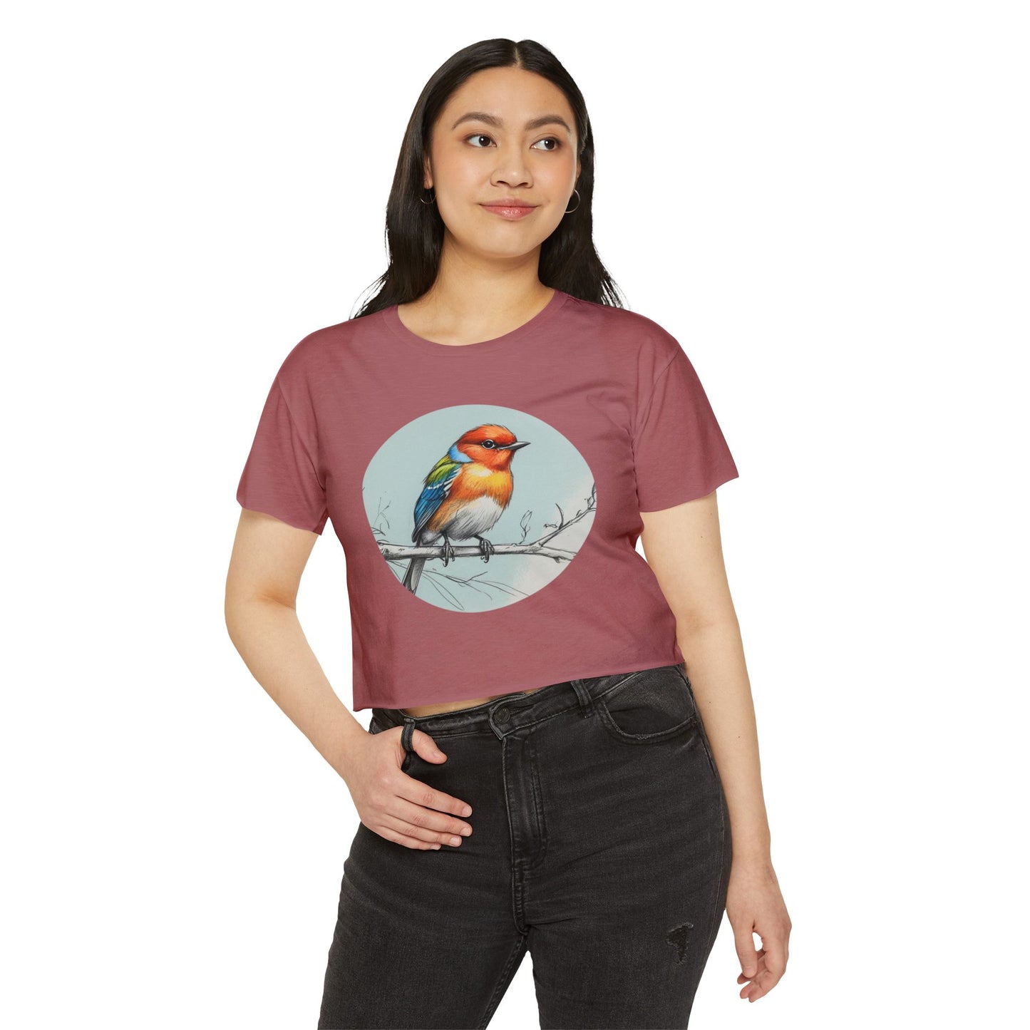 Colorful Bird Women's Crop Top, Stylish Festival Shirt, Summer Fashion Tee, Boho Top, Casual Wear, Nature Lover Gift
