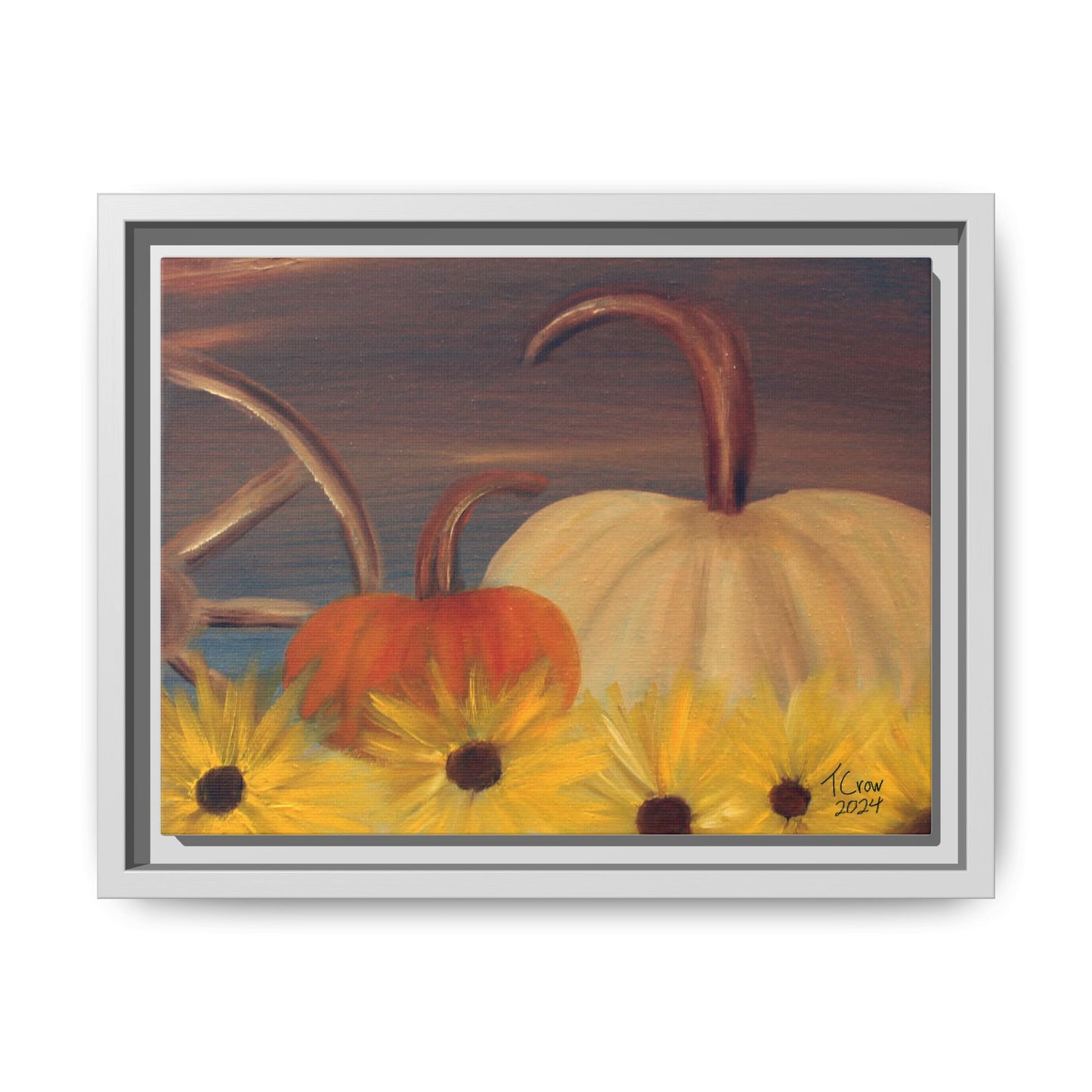 Autumn Harvest Framed Canvas Wall Art - Rustic Pumpkin and Sunflower Painting