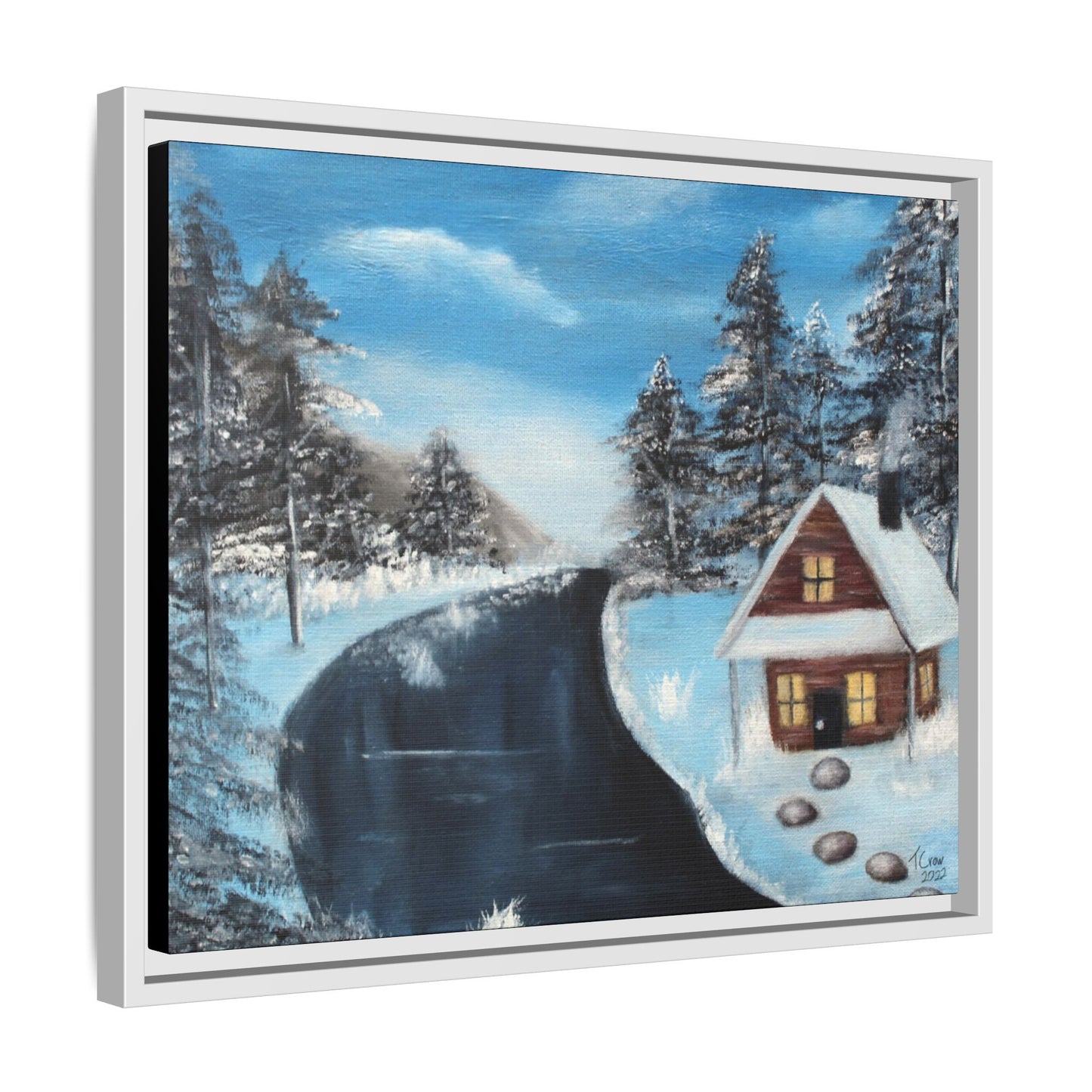 Cabin's Warm Glow - Framed Canvas Print