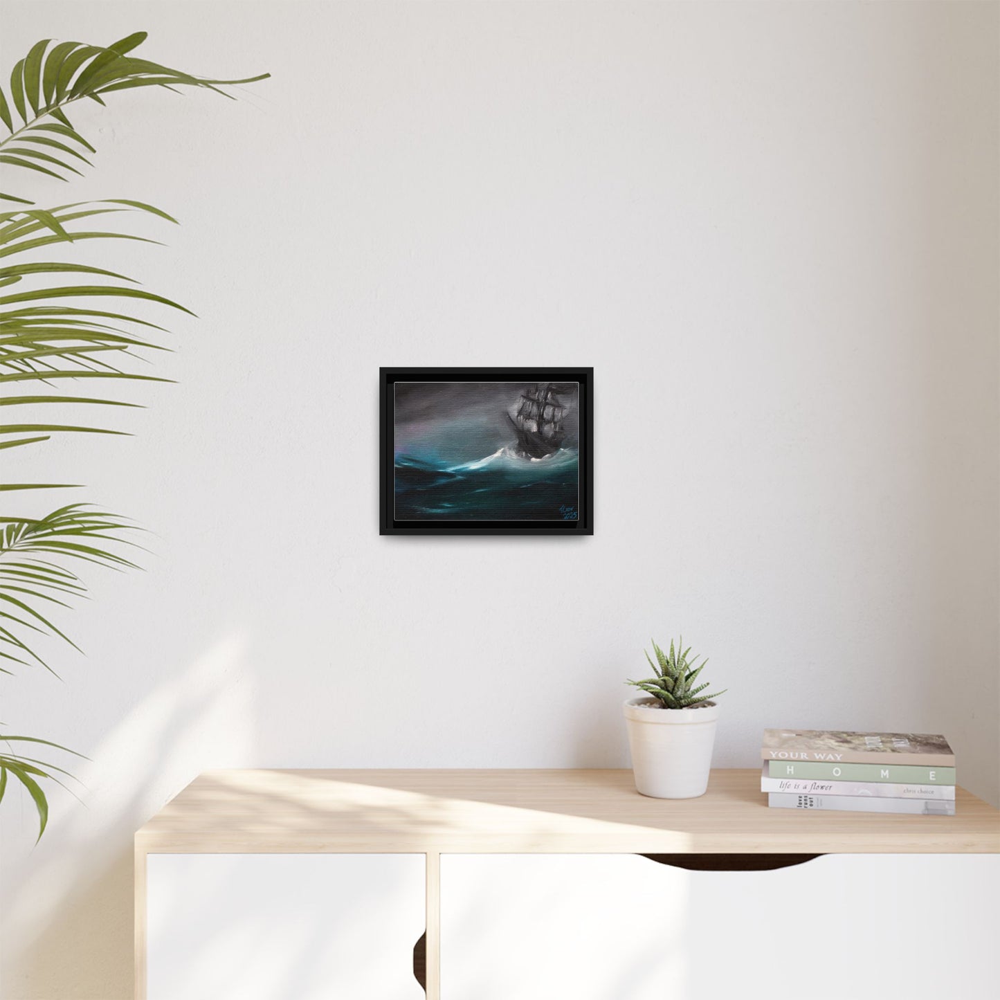 Framed Matte Canvas Art Print - Stormy Seas with Sailing Ship