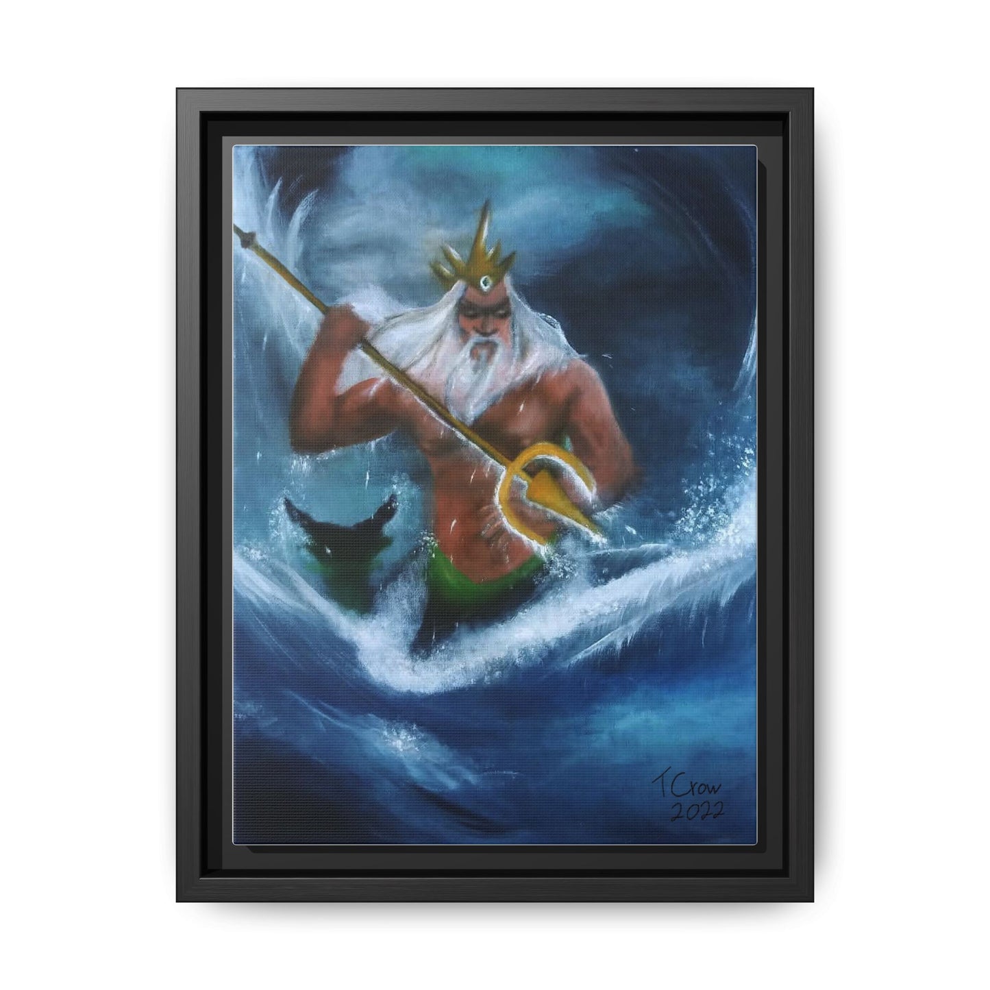 King Triton Framed Canvas Art - Vivid Multi-Color Seascape Wall Decor