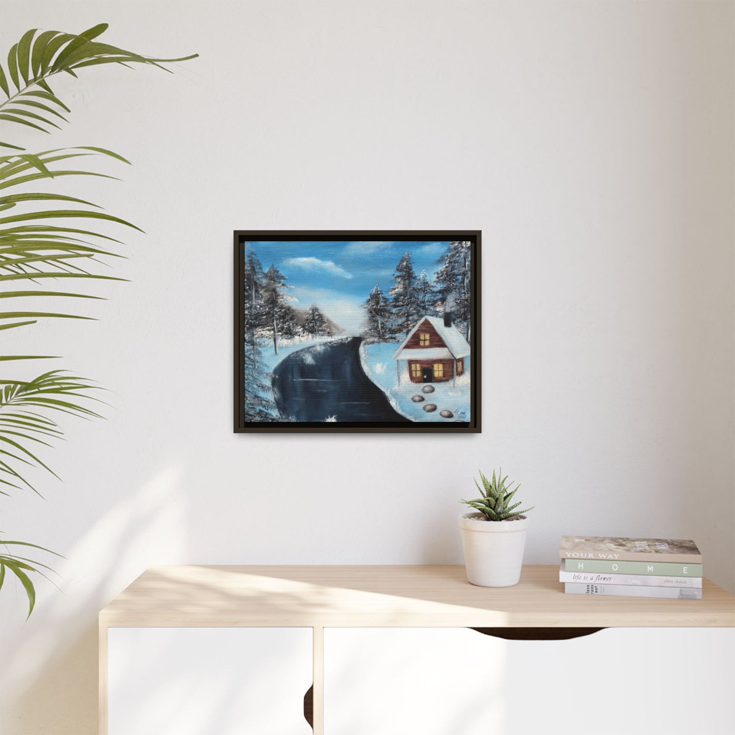 Cabin's Warm Glow - Framed Canvas Print