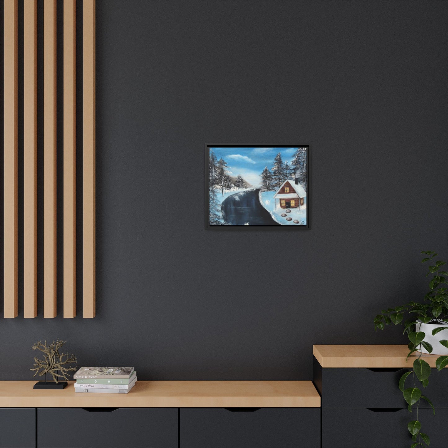 Cabin's Warm Glow - Framed Canvas Print