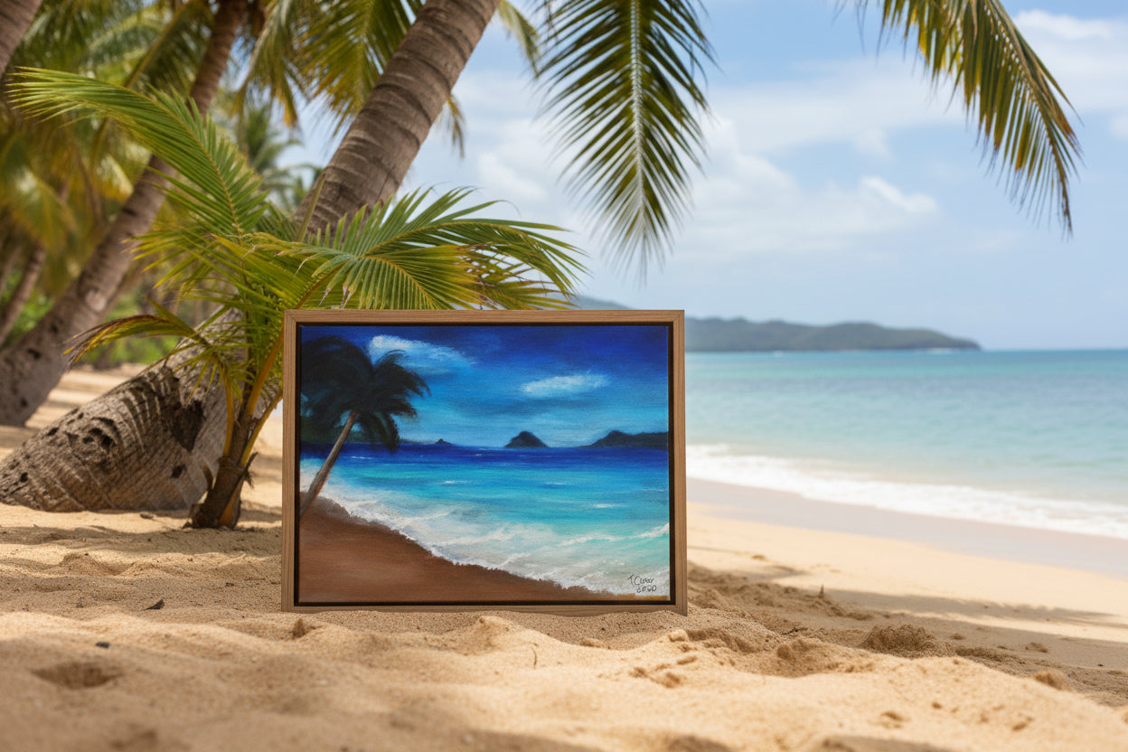 Painting of a tropical beach with palm tree, blue sky, and ocean.