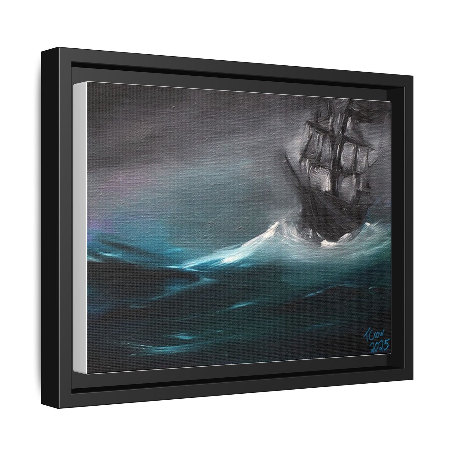 Framed Matte Canvas Art Print - Stormy Seas with Sailing Ship