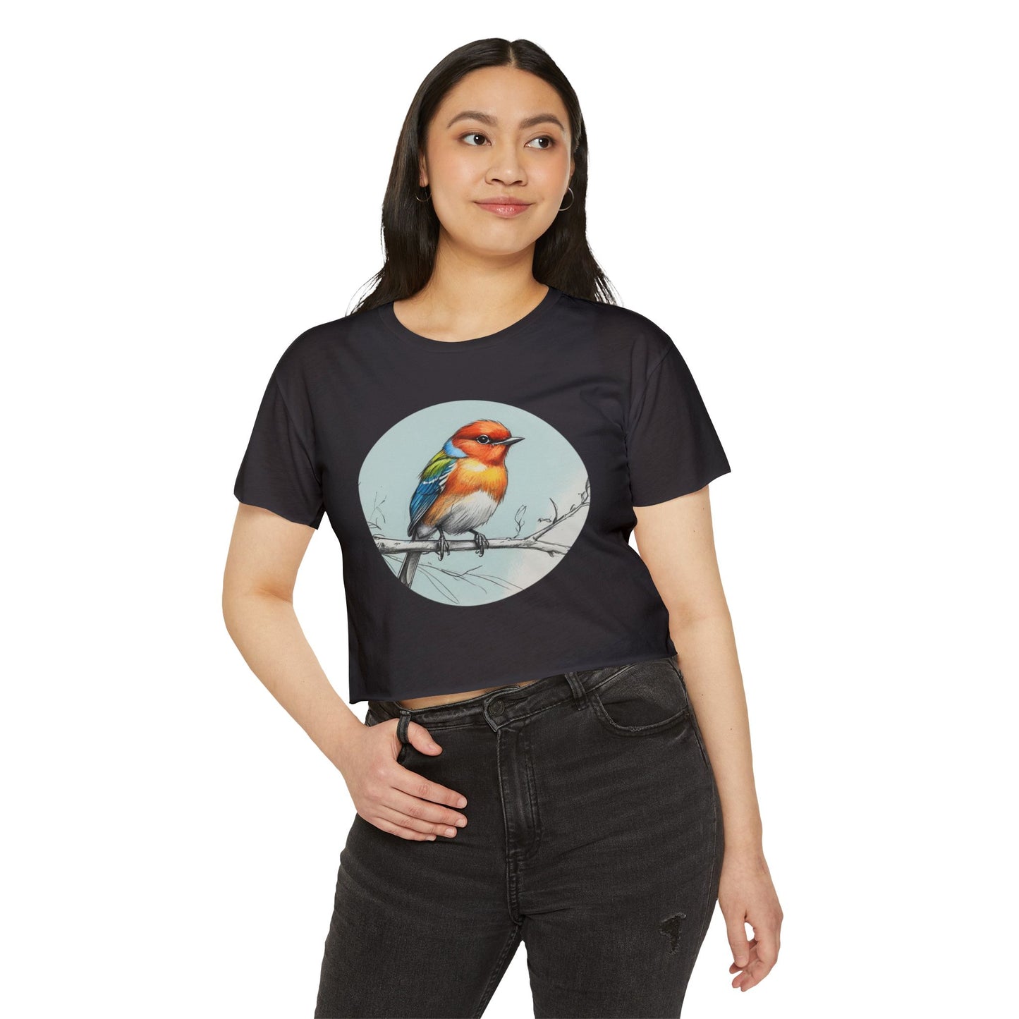 Colorful Bird Women's Crop Top, Stylish Festival Shirt, Summer Fashion Tee, Boho Top, Casual Wear, Nature Lover Gift