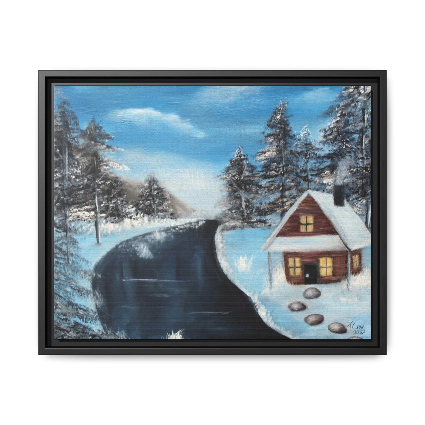 Cabin's Warm Glow - Framed Canvas Print