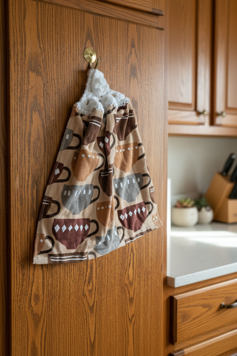 Kitchen towel with coffee cup design hanging on a wooden cabinet