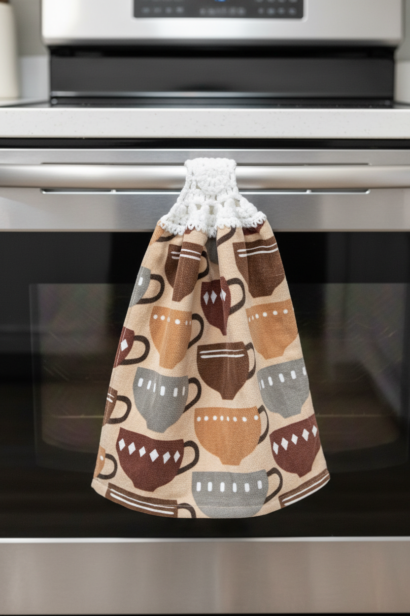 Decorative kitchen towel with coffee cup pattern hanging on a stove handle