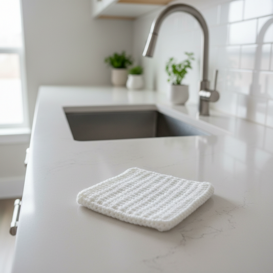 White crocheted hot pad on a marble kitchen countertop with a blurred background