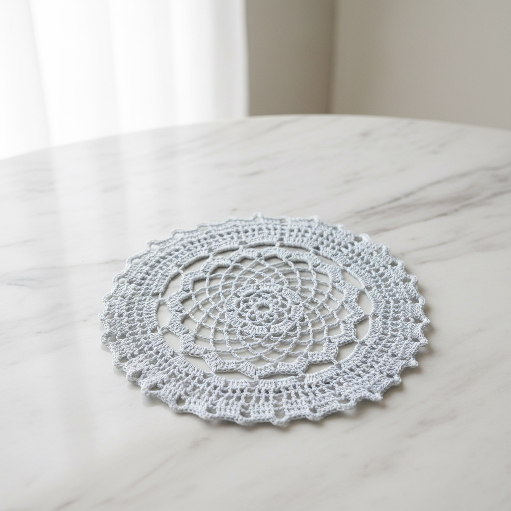 Crocheted doily on a marble surface