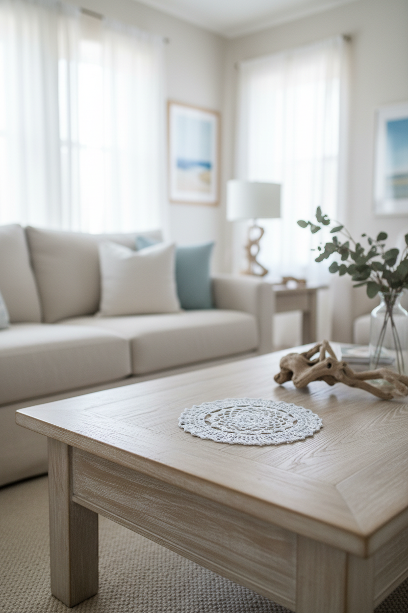 Living room with a white crocheted doily on a coffee table