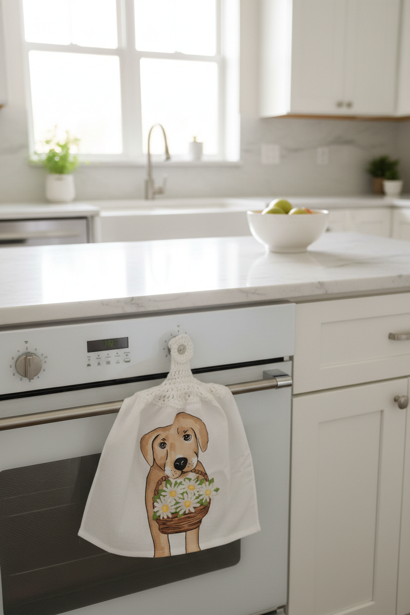 Kitchen scene with a towel hanging on an oven handle featuring a dog design.