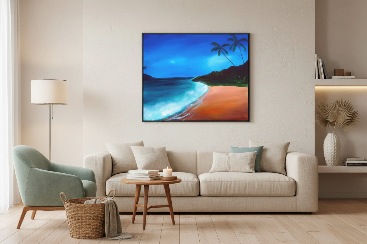 Painting of a tropical beach with palm trees and a clear blue sky.