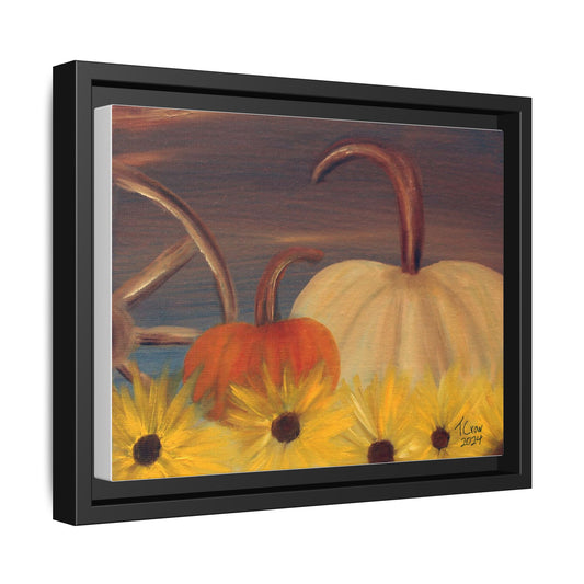 Autumn Harvest Framed Canvas Wall Art - Rustic Pumpkin and Sunflower Painting