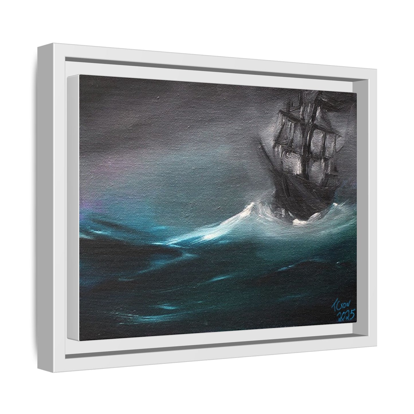 Framed Matte Canvas Art Print - Stormy Seas with Sailing Ship