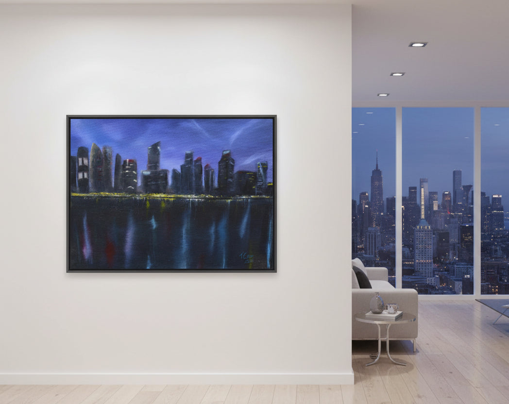 Modern living room with a large cityscape painting on the wall.