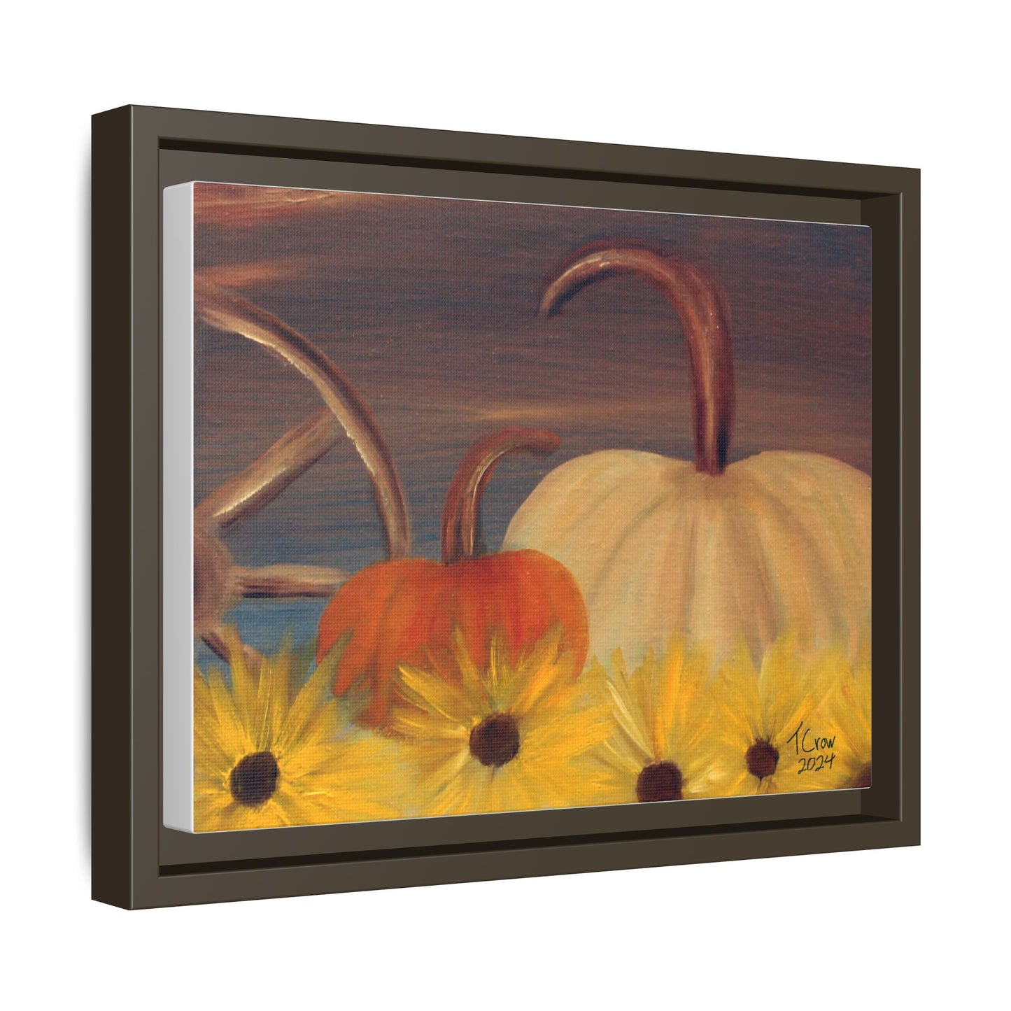 Autumn Harvest Framed Canvas Wall Art - Rustic Pumpkin and Sunflower Painting
