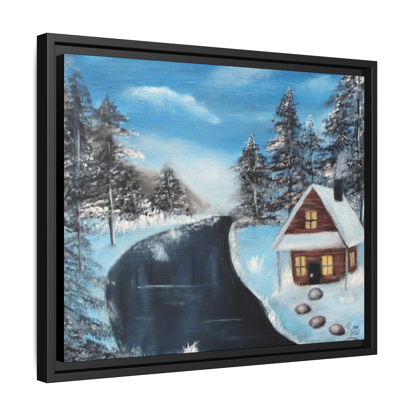 Cabin's Warm Glow - Framed Canvas Print