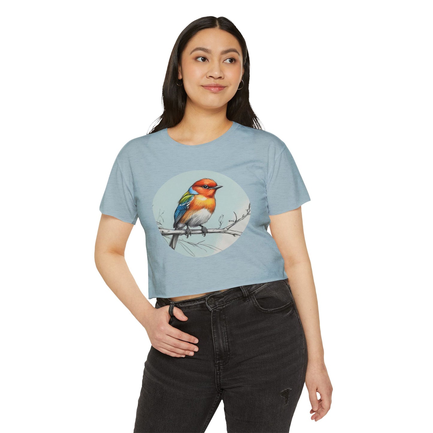 Colorful Bird Women's Crop Top, Stylish Festival Shirt, Summer Fashion Tee, Boho Top, Casual Wear, Nature Lover Gift