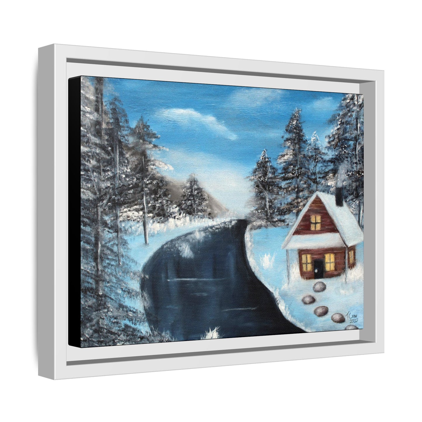 Cabin's Warm Glow - Framed Canvas Print
