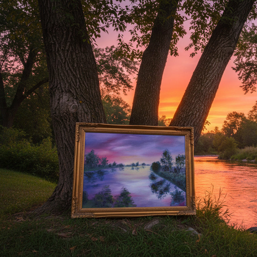 Painting of a serene landscape with a river and trees under a purple sky.