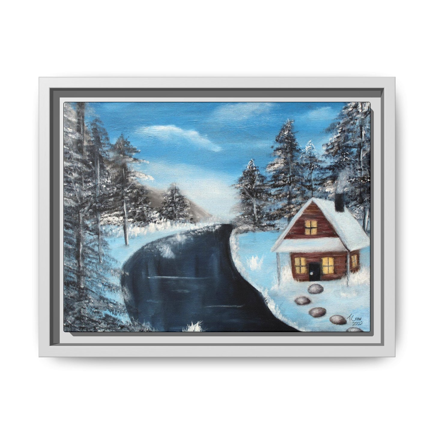 Cabin's Warm Glow - Framed Canvas Print
