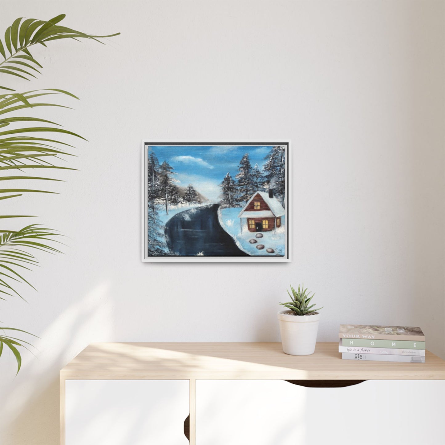 Cabin's Warm Glow - Framed Canvas Print