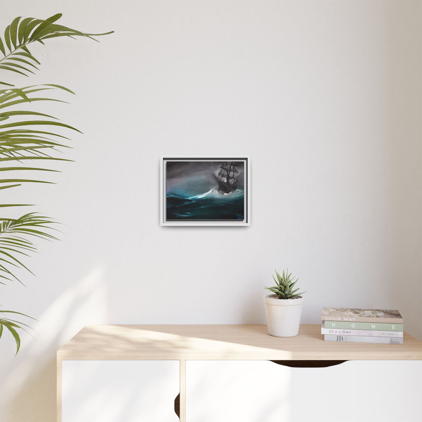 Framed Matte Canvas Art Print - Stormy Seas with Sailing Ship