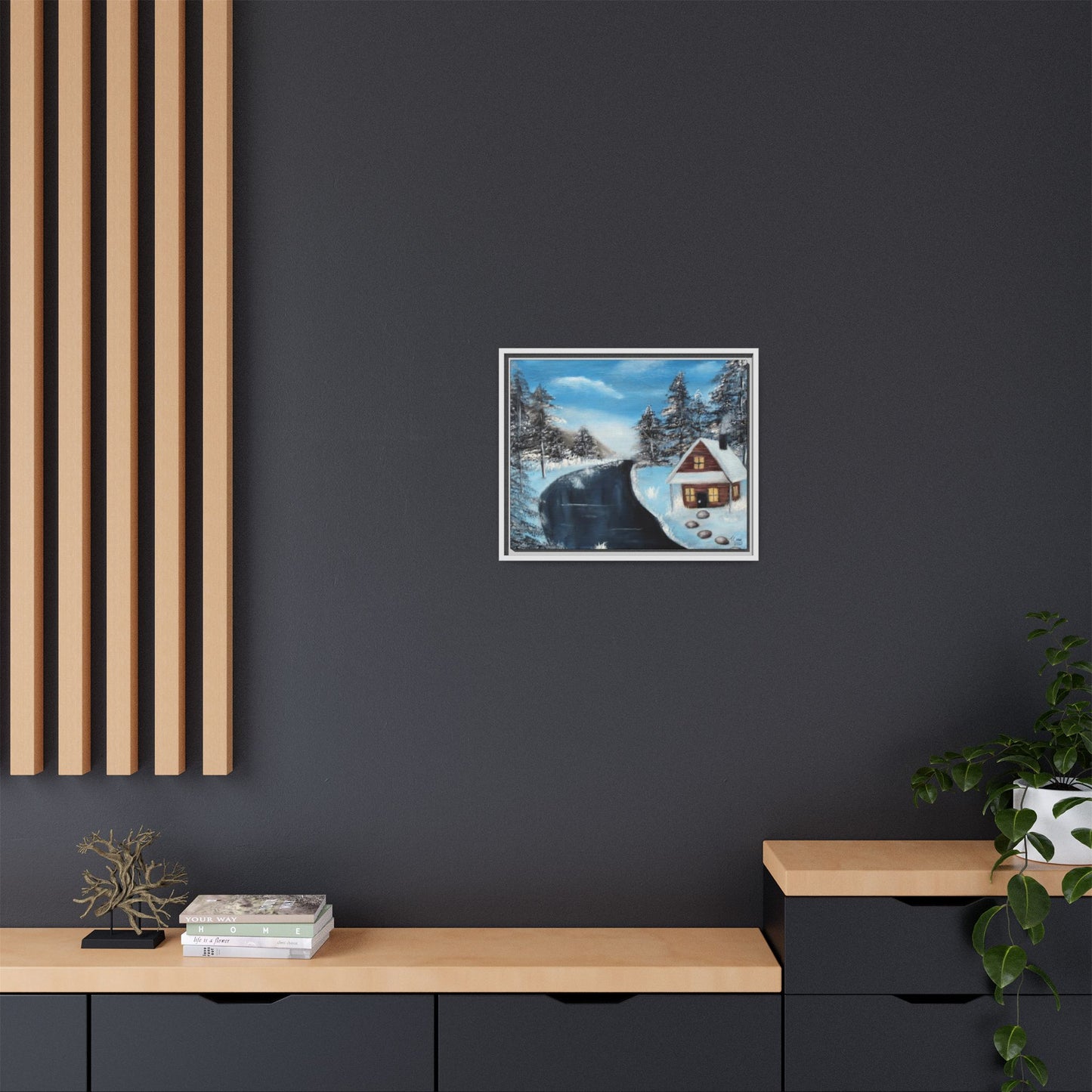 Cabin's Warm Glow - Framed Canvas Print