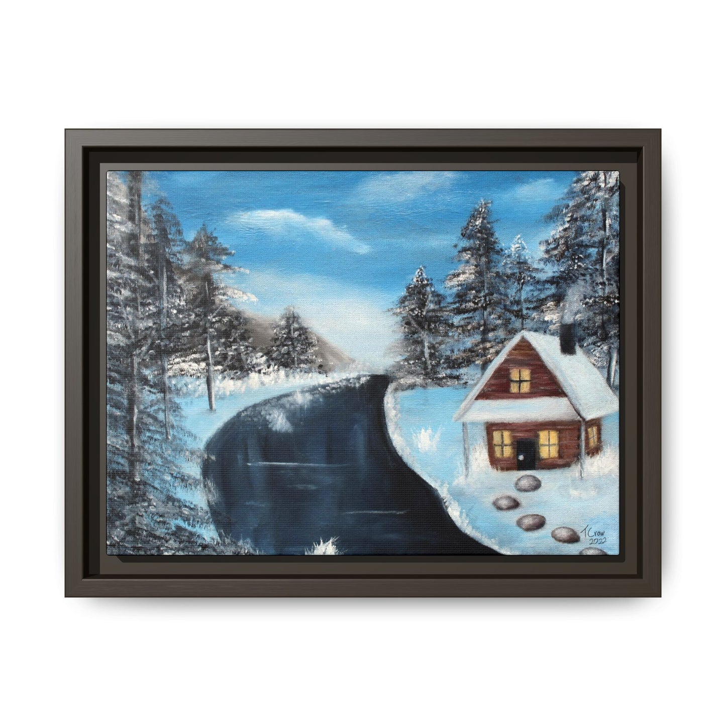 Cabin's Warm Glow - Framed Canvas Print