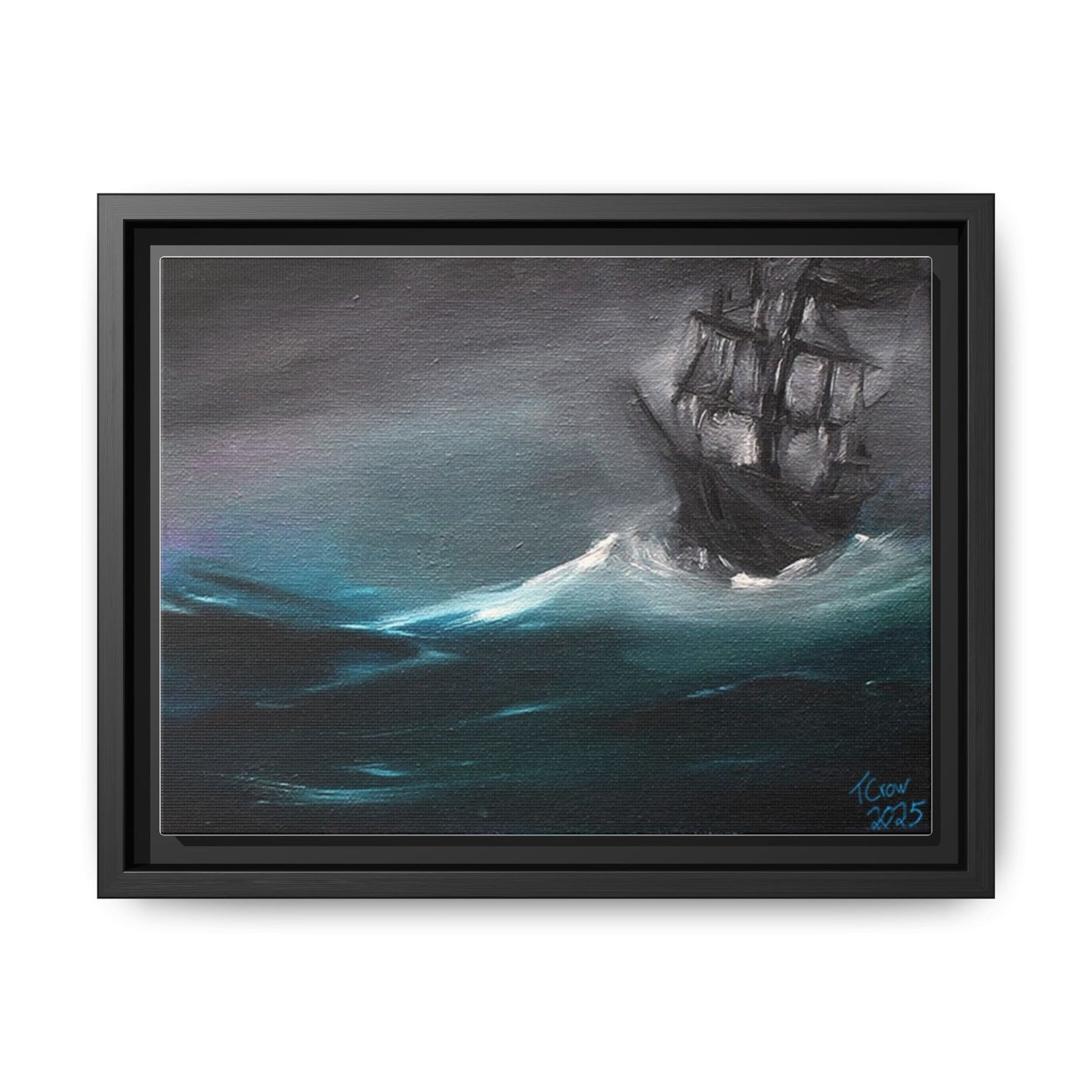 Framed Matte Canvas Art Print - Stormy Seas with Sailing Ship