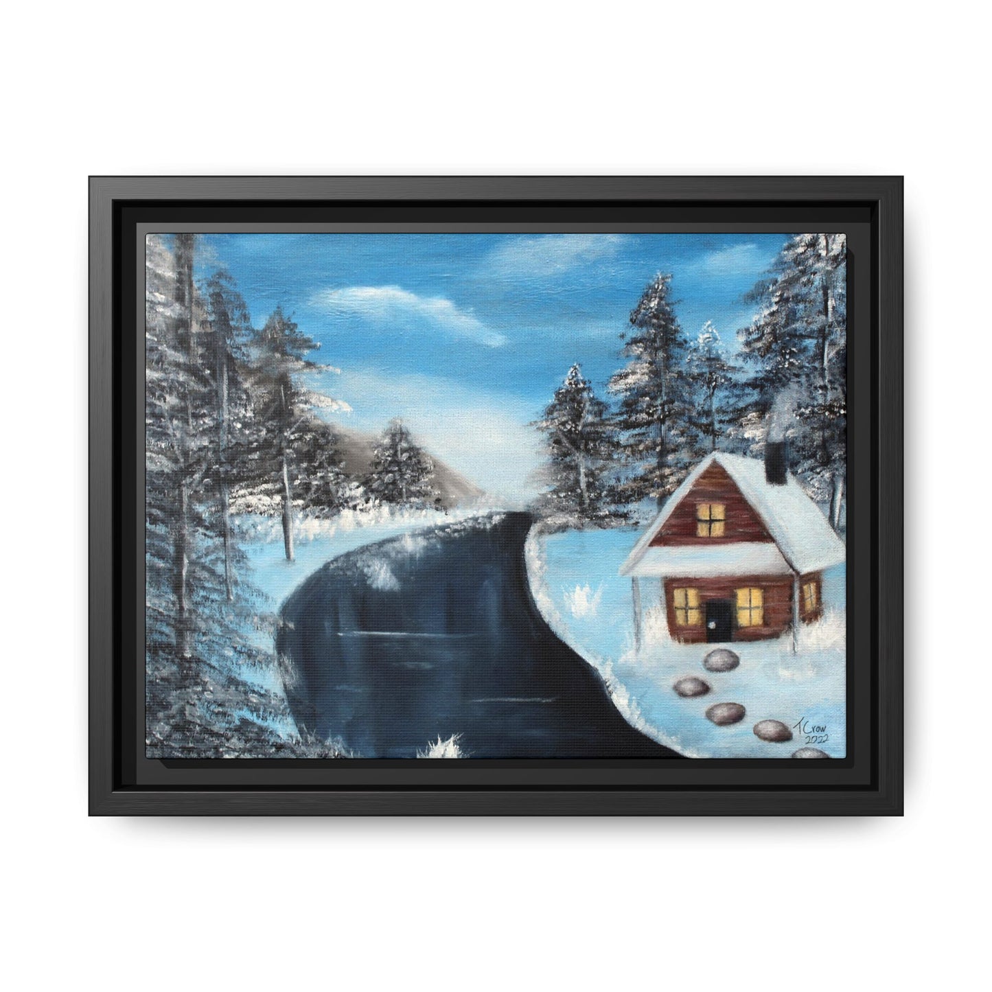 Cabin's Warm Glow - Framed Canvas Print